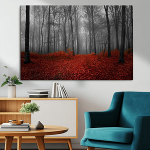 Red Forest Floor Canvas Wall Art – Mystical Foggy Woodland