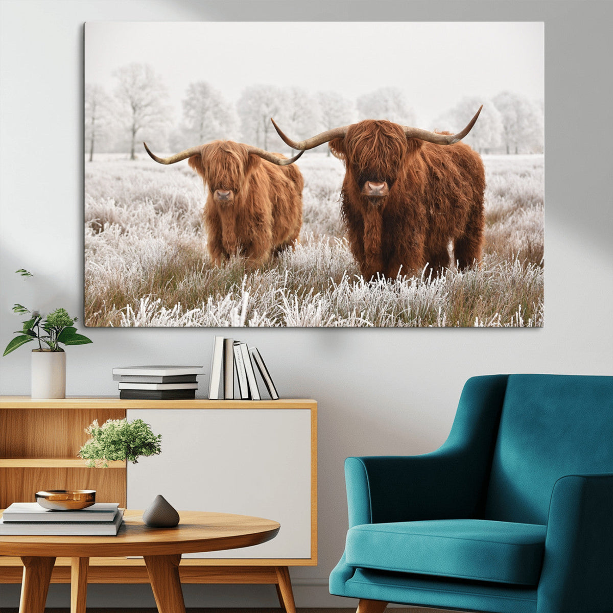 Longhorn Cattle Wall Art Canvas Print, Framed Farmhouse