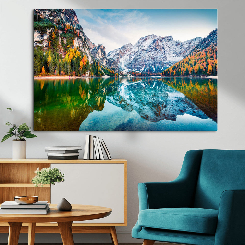 Spectacular autumn view of Braies Lake Wall Art Canvas Print