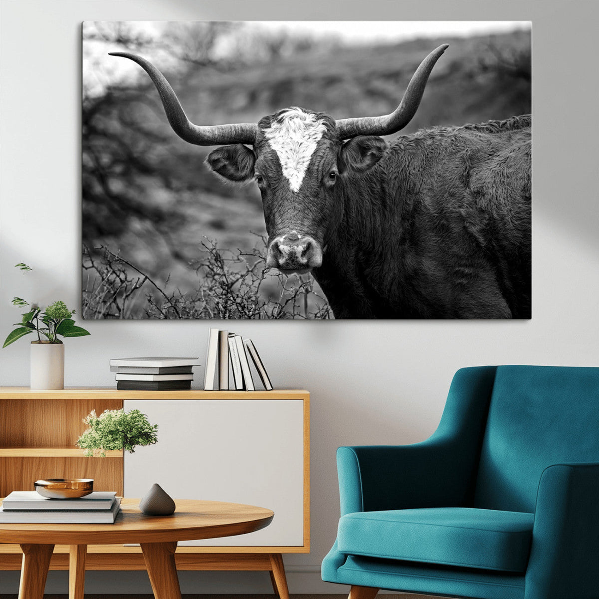 Western Home Wall Art Canvas Print, Framed Texas Longhorn