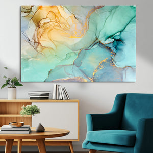Abstract Aqua and Gold Fluid Wall Art Canvas | 3 Panel Large