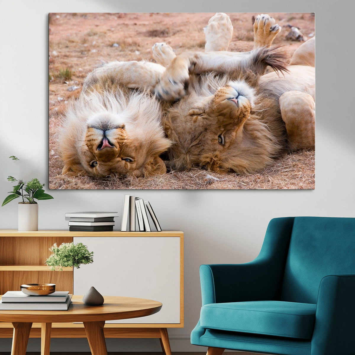 Lion Pair Wall Art Canvas Print – Framed Wildlife Scene with