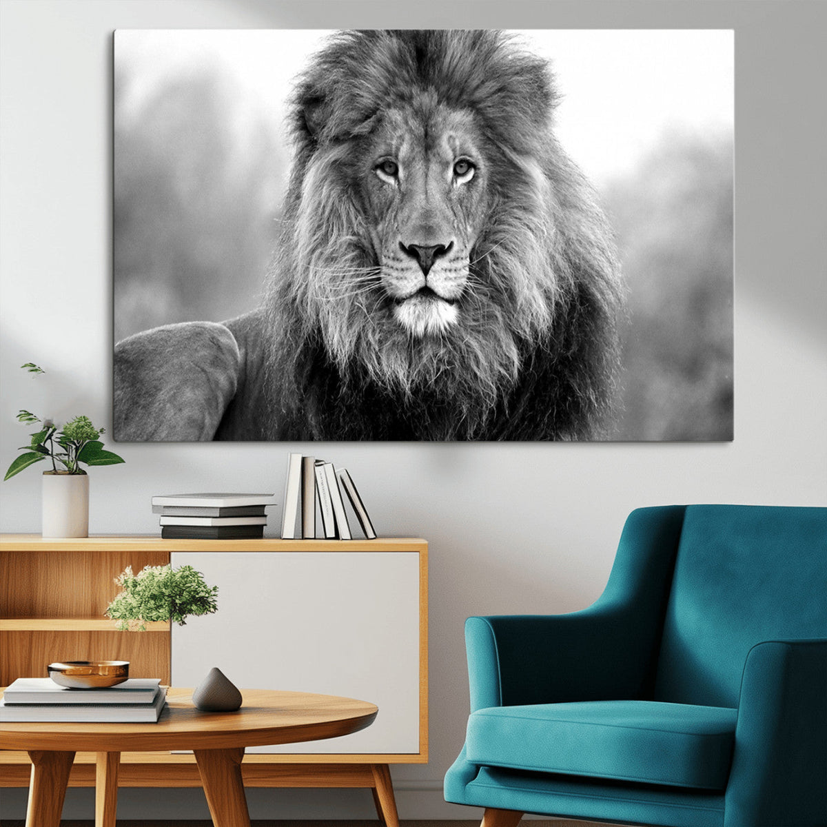 Black and White Lion Canvas Wall Art – Animal Print Artwork