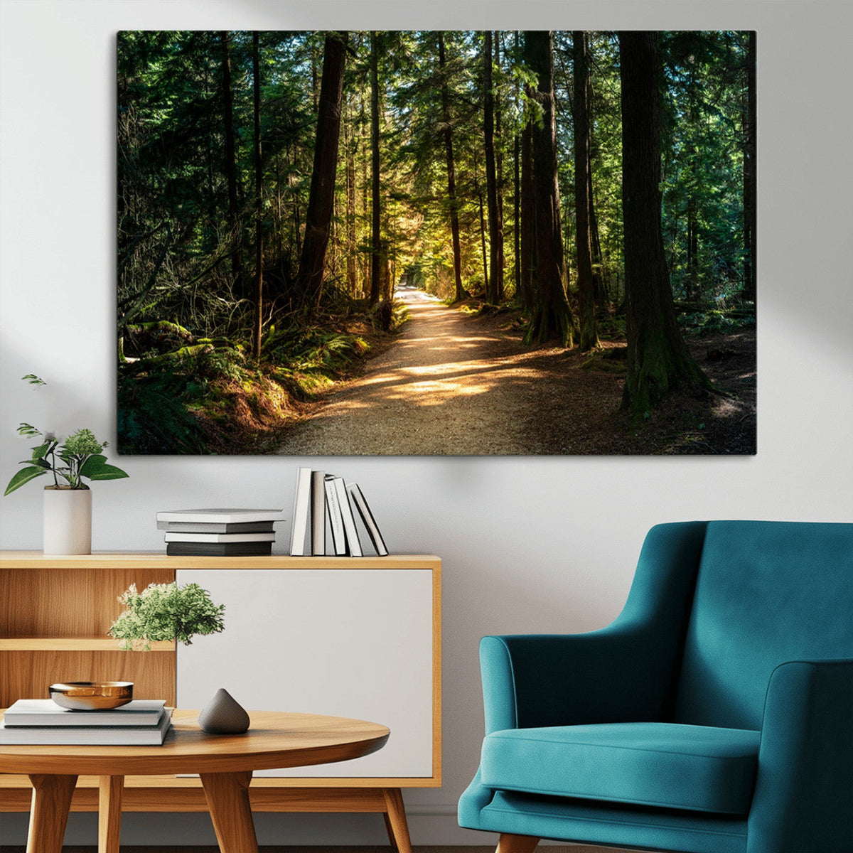 Sunlit Forest Pathway Canvas Print | 3 Panel Large Nature