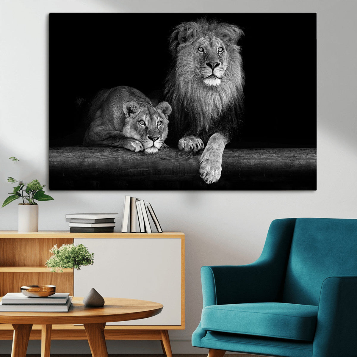 Large Black and White Lion Couple Wall Art Canvas Print –
