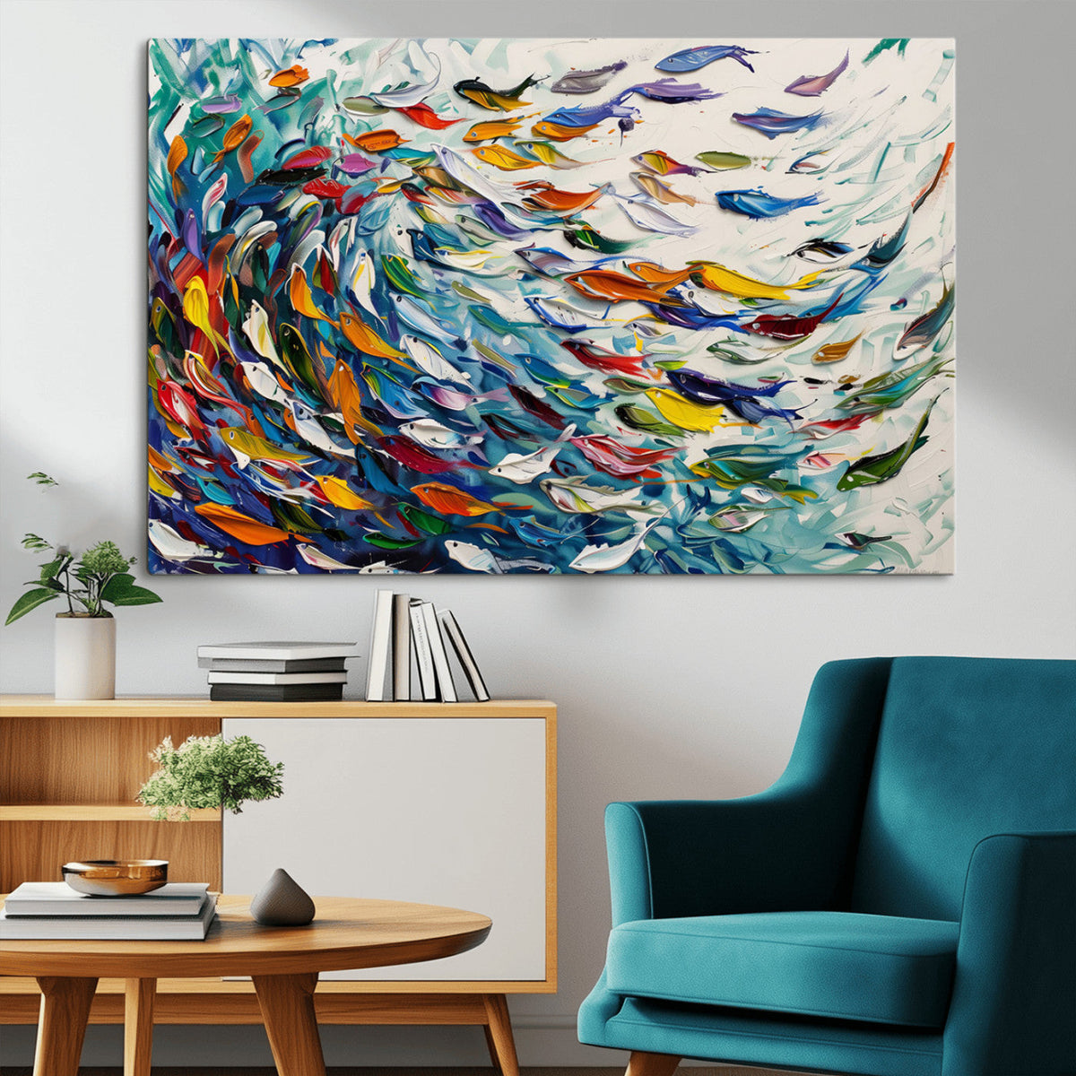 Modern Abstract Fish Shoal Wall Art Canvas Print, Colorful