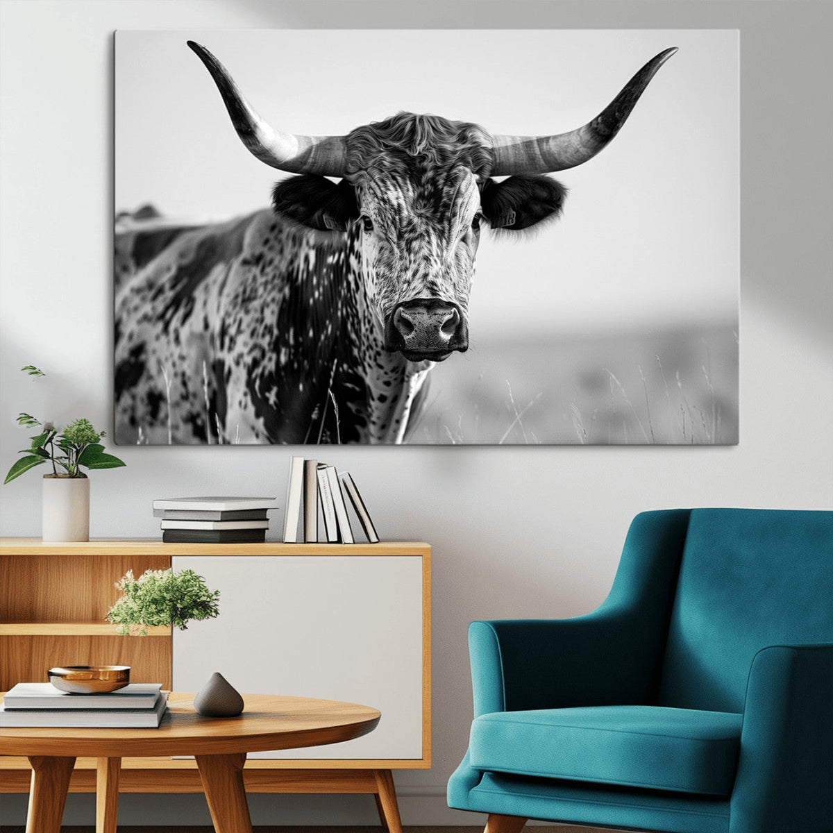Texas Highland Cow Longhorn Canvas Print - Rustic Farmhouse