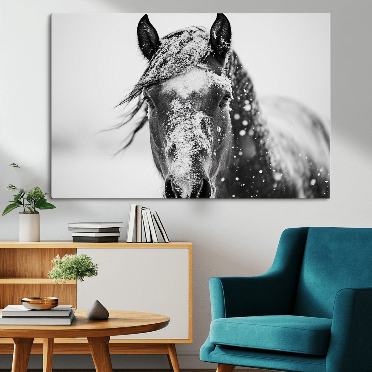Western Wall Art | Black and White Winter Horse Wall Art |