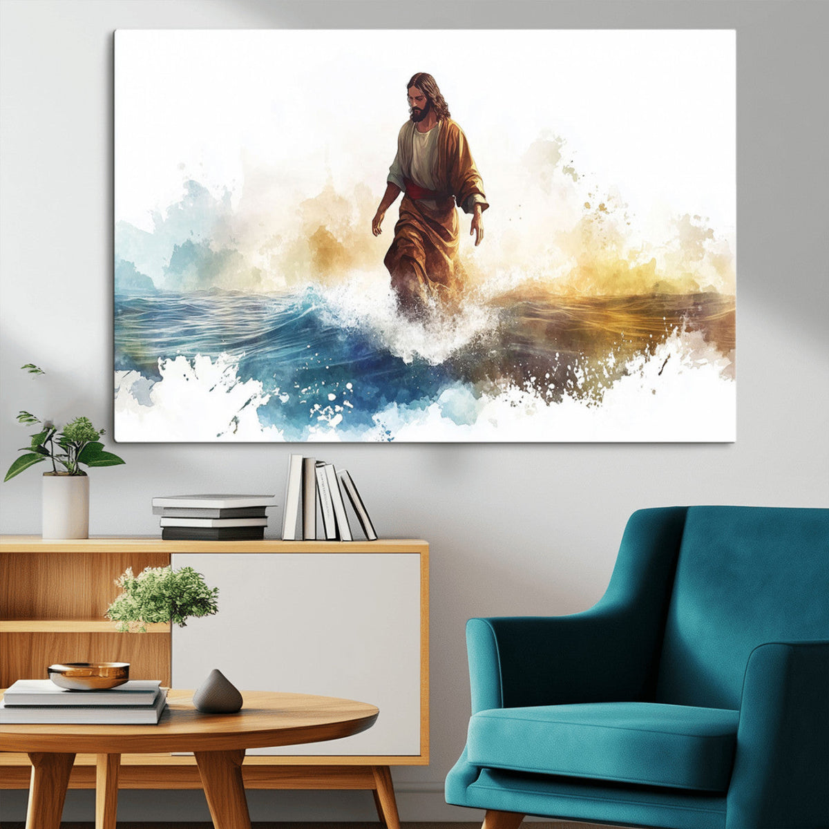 Watercolor Jesus Walking Wall Art Print, Jesus Water Canvas