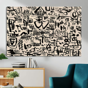 Abstract Love and Chaos Canvas Print, Black Symbols on Beige