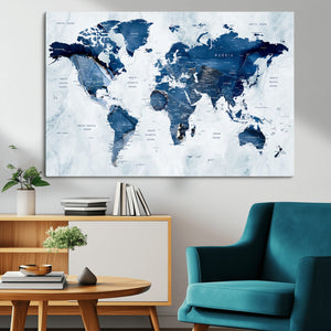 Modern Blue World Map Canvas Print – Framed Wall Art,