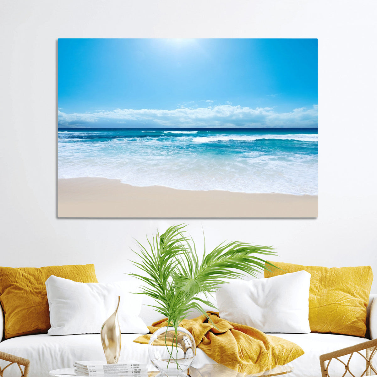 Wall Art Canvas Print Shiny Blue Sea and Beach