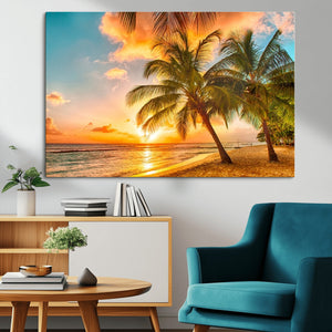 Tropical Sunset Beach Canvas Wall Art Print – Vibrant Palm