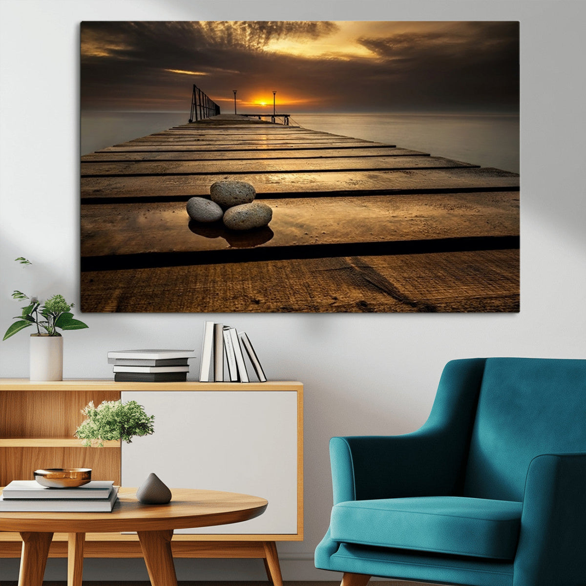 Stones on Wooden Pier at Sunset Canvas Print, Serene Coastal