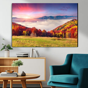 Autumn Mountain Foggy Landscape Wall Art Canvas Print |