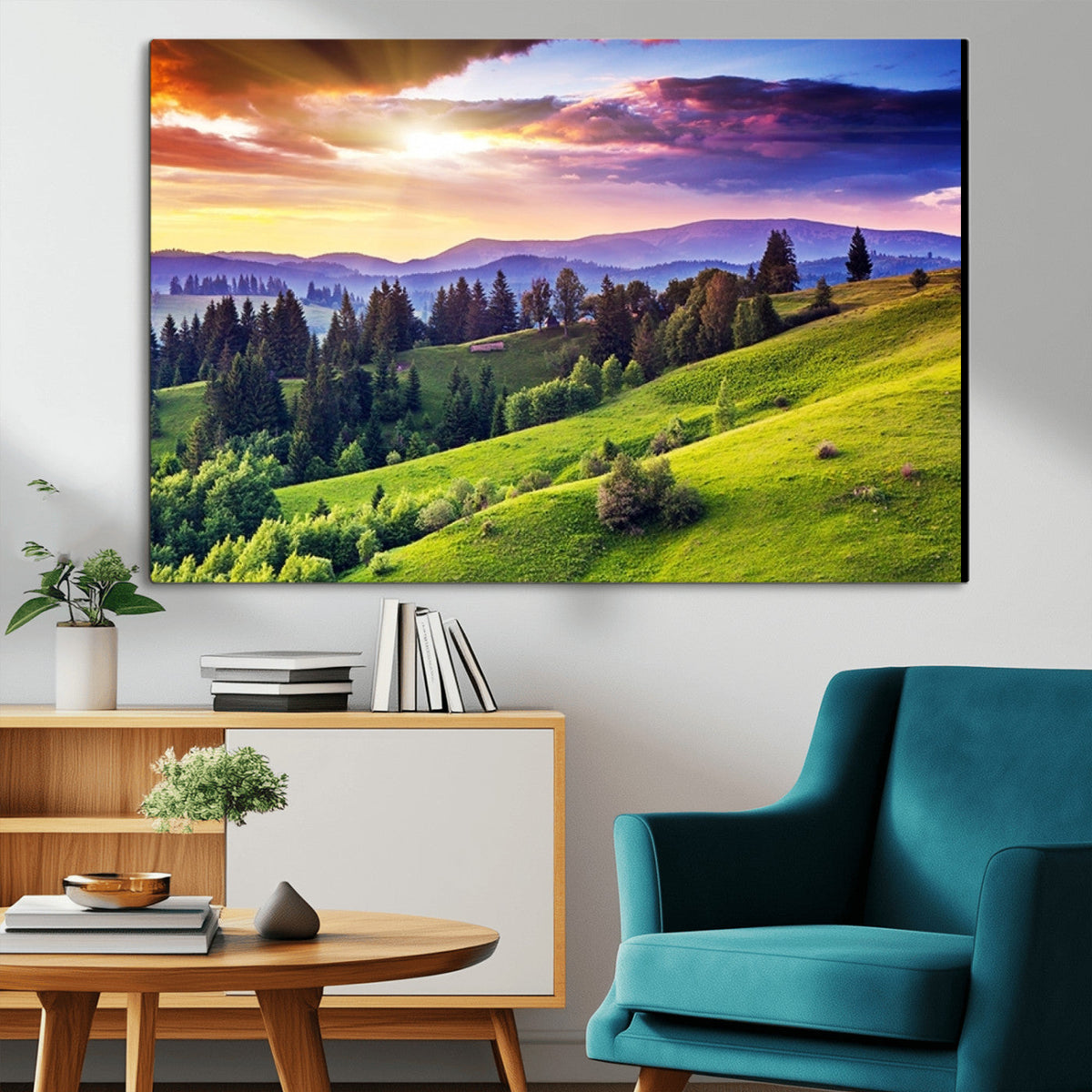 Green Hills and Sunset Wall Art Print - Scenic Landscape