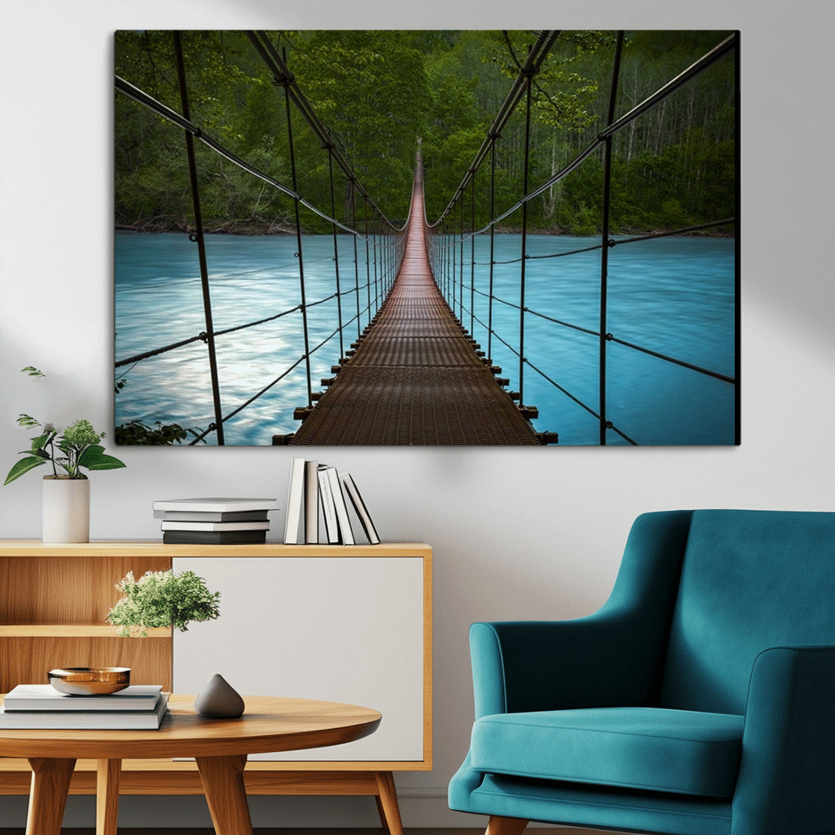 Suspension Bridge Over River Canvas Art | 3-Panel Nature