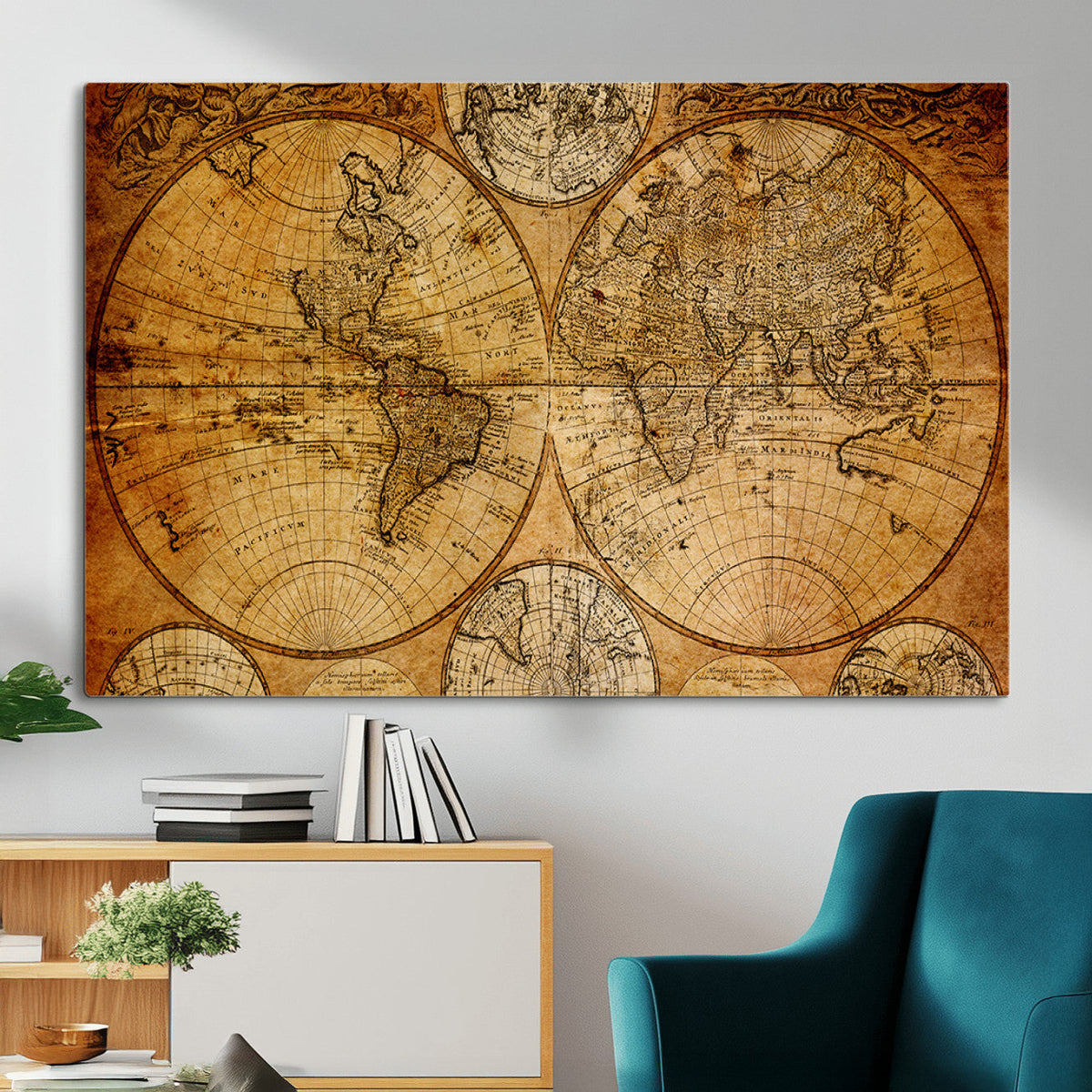 Vintage World Map Canvas Print – Antique Push Pin Travel