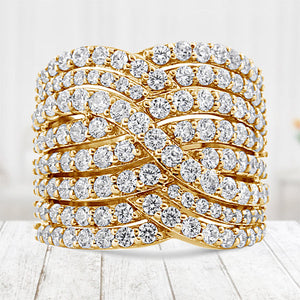 10K Yellow Gold 3.0 Cttw Diamond Eight-Row Bypass Crossover Statement Band Ring (H-I Color, I2-I3 Clarity) - Size 7