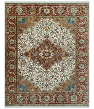 Premium Fine Floral Ivory and Rust Traditional Heriz 9x12 Hand Knotted wool area rug