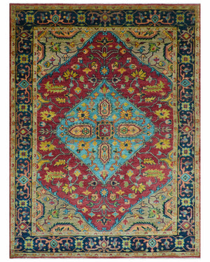 Custom Made Traditional Heriz Design Maroon And Olive Hand Knotted Wool Rug