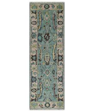 Custom Made Runner Seafoam And Peach Oushak Hand Knotted Wool Rug
