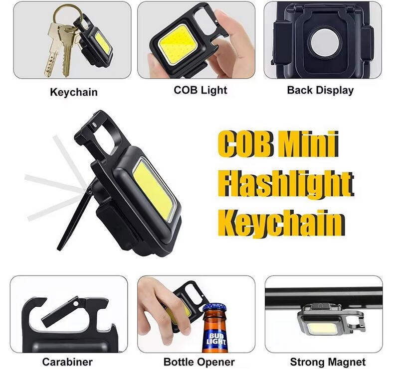 2-Pack Rechargeable COB Keychain Work Lights – EDC Flashlight with Folding Stand & Bottle Opener for Camping, Fishing, and Emergencies