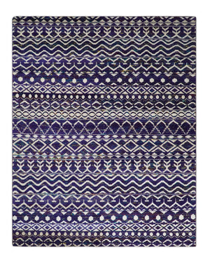 Hand Knotted Blue and White Modern Contemporary Southwestern Tribal Trellis Recycled Silk Area Rug | OP6