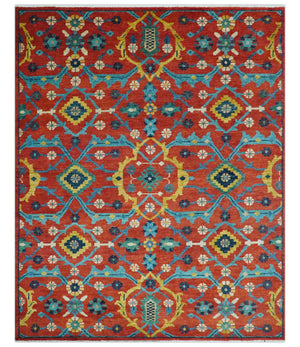 Custom Made Red And Blue Traditional Floral Motifs Hand Knotted Wool Rug