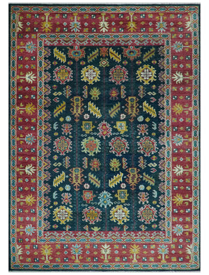 Custom Made Blue And Red Traditional Tribal Design Hand Knotted Wool Rug