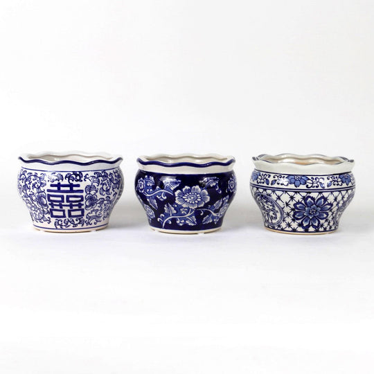 Blue and white terrace garden planter 3 pc set