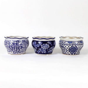 Blue and white terrace garden planter 3 pc set