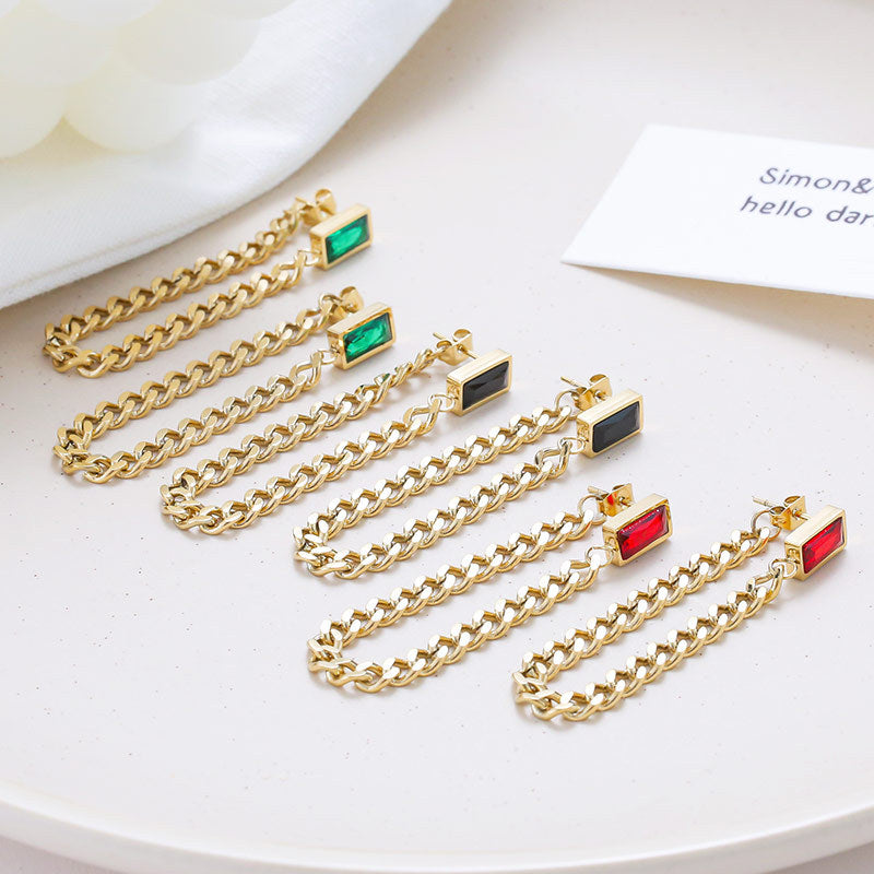 Dangle Chain Earrings with Cubic Zirconia Emerald and Gift Pouch