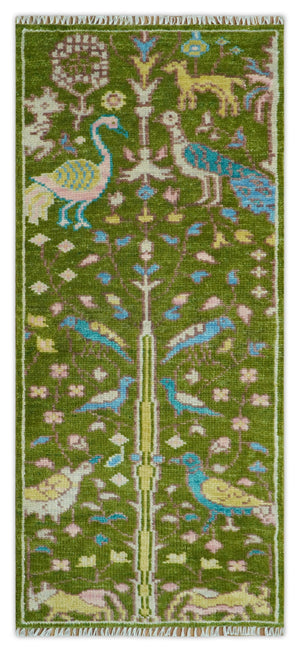 Custom Made Hand Knotted Jungle Life Peacock Green Runner Wool Rug