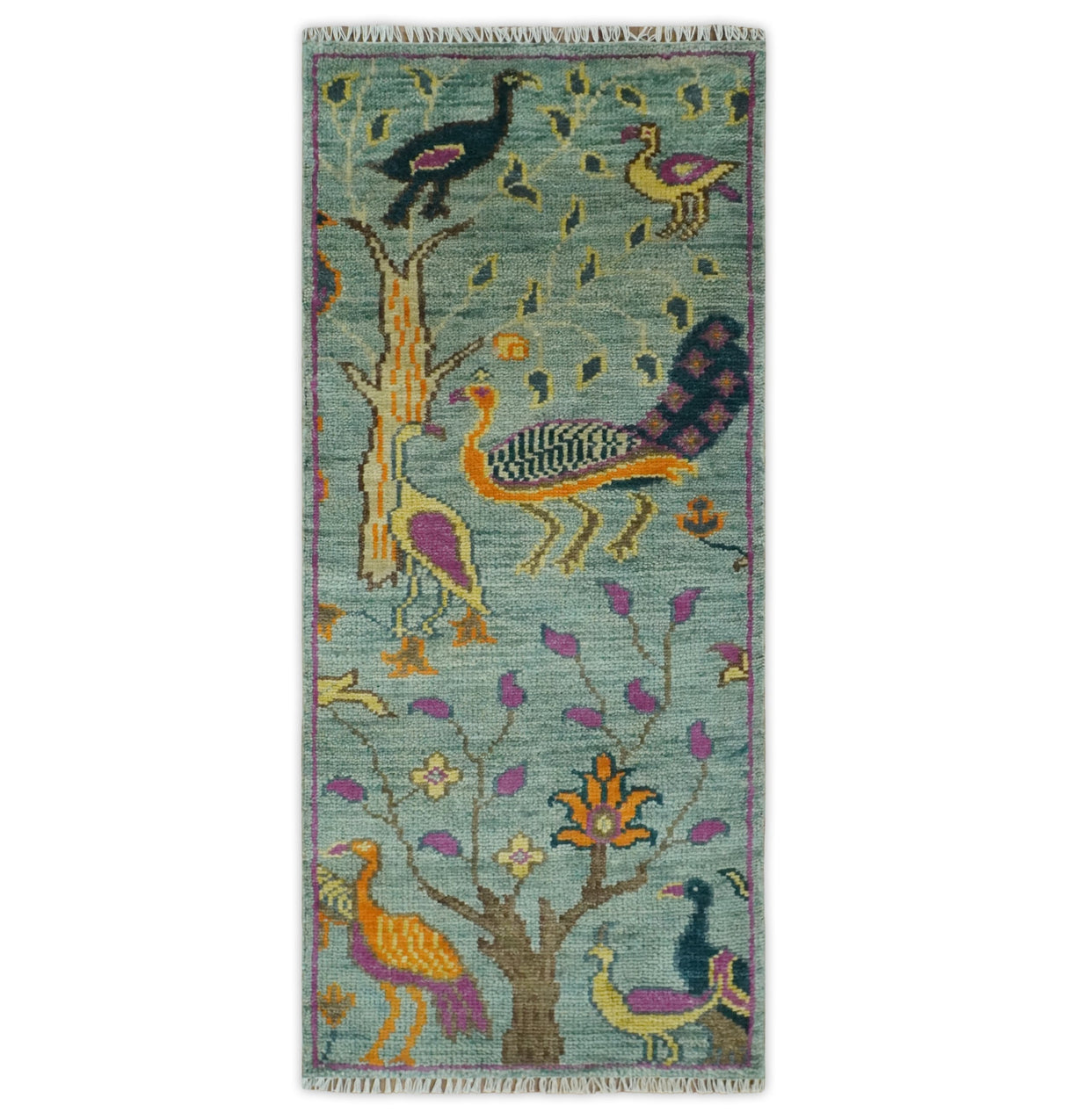Custom Made Runner Jungle Life Peacock Green Hand Knotted Wool Rug