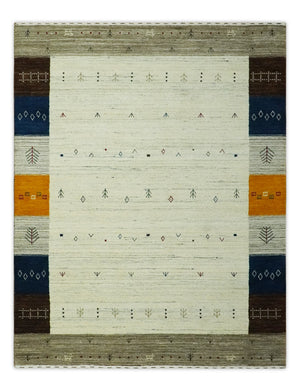 Ivory, Olive, Blue and Charcoal Handloom Tribal Gabbeh Multi Size wool Area Rug