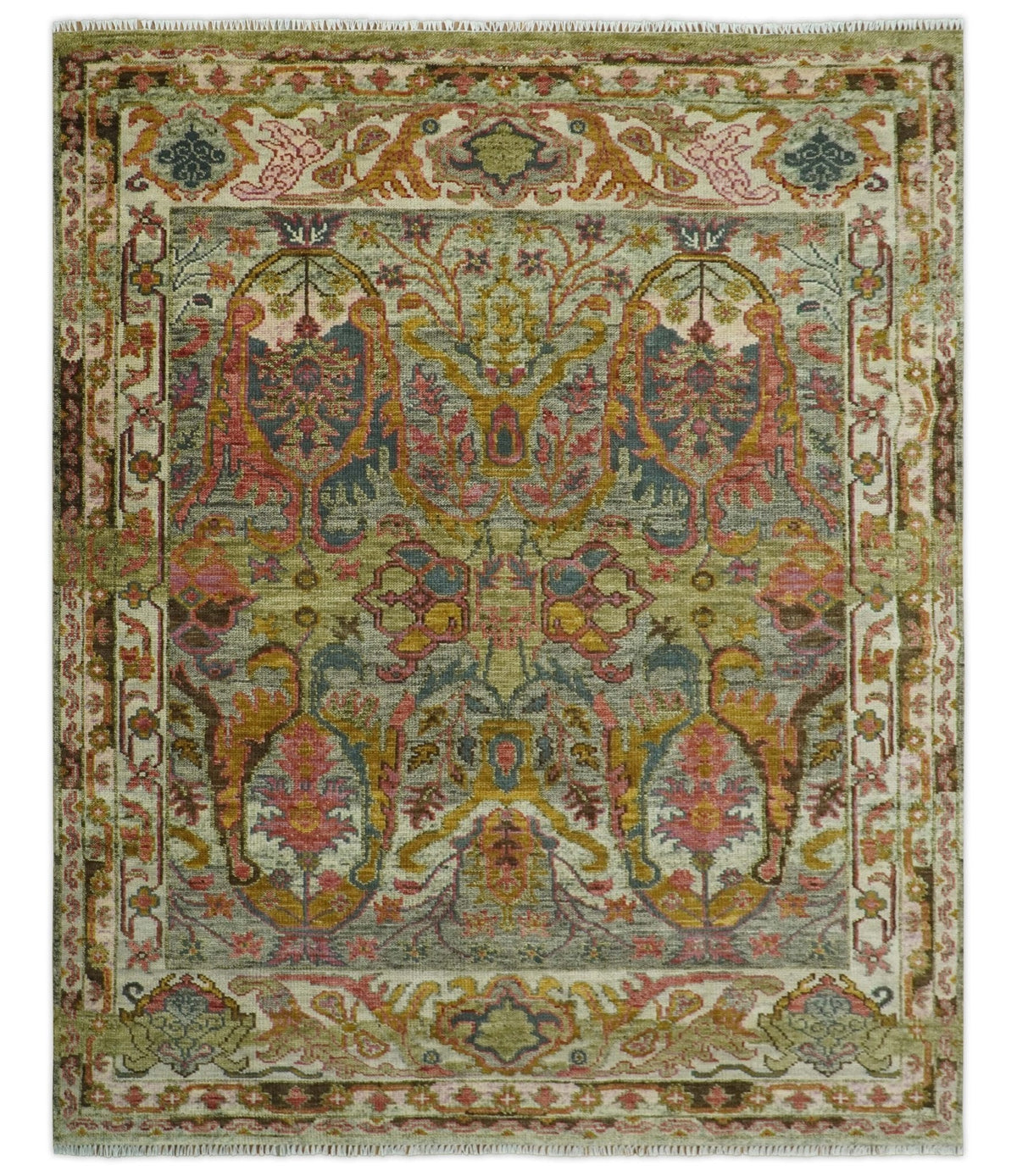Ready to Ship Transitional Green, Silver and Gold Hand Knotted Wool rug