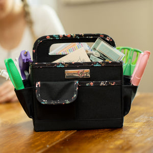 Everything Mary Collapsible Desktop Craft Caddy, Black & Floral Trim – Polyester Craft & Art Supply Organizer with 12 Storage Compartments