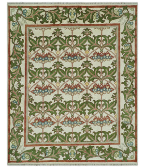 Hand Knotted Ivory and Green Floral Traditional Antique Style Wool Area Rug