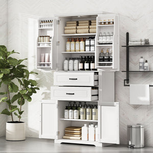 Multi Functional Storage Cabinet With Adjustable Shelves, 2 Drawers, Door Shelves