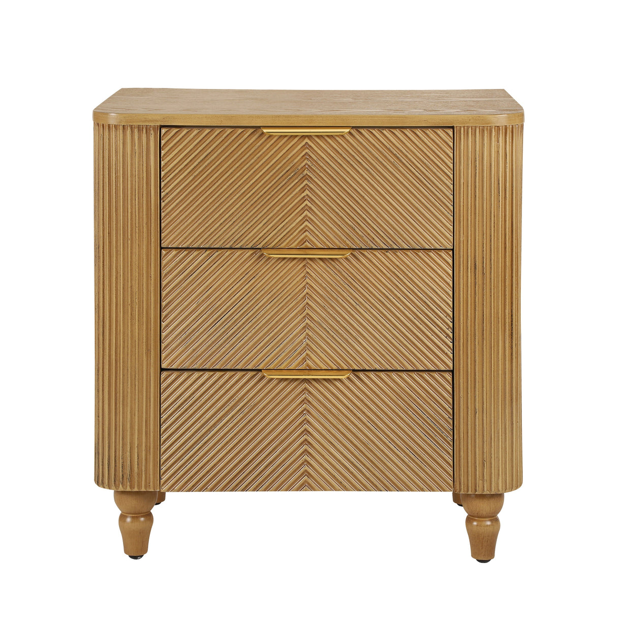 Mid-Century Fluted 3 Drawers Nightstand, Bedside Table with Curved Profile Design and Wide