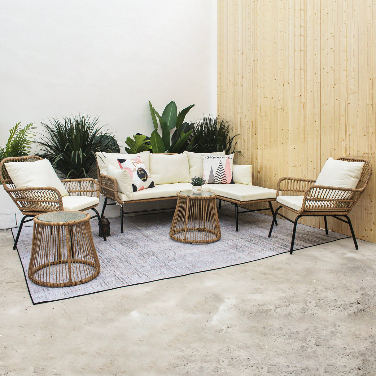6PCS Outdoor Patio Balcony Natural Color Wicker Sofa Chair Set with Beige Cushion and Round Tempered Glass Table