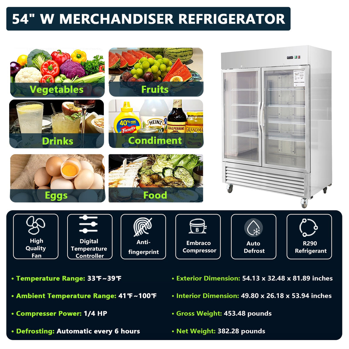 54"W Commercial Refrigerator with Glass Doors
