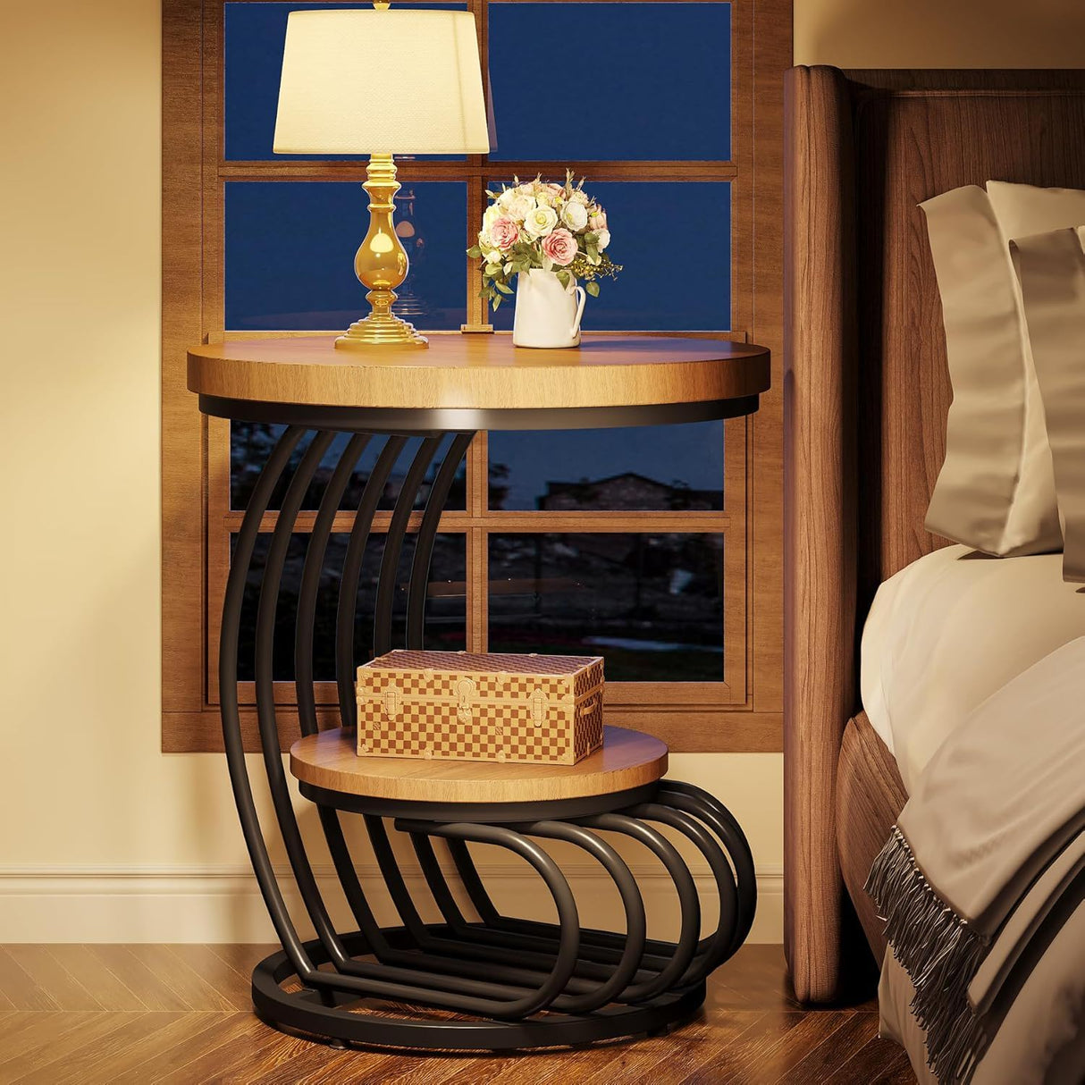 Round Vintage End Table With 2 Tier Storage