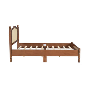 Queen Size Wooden Platform Bed with Natural Rattan Headboard