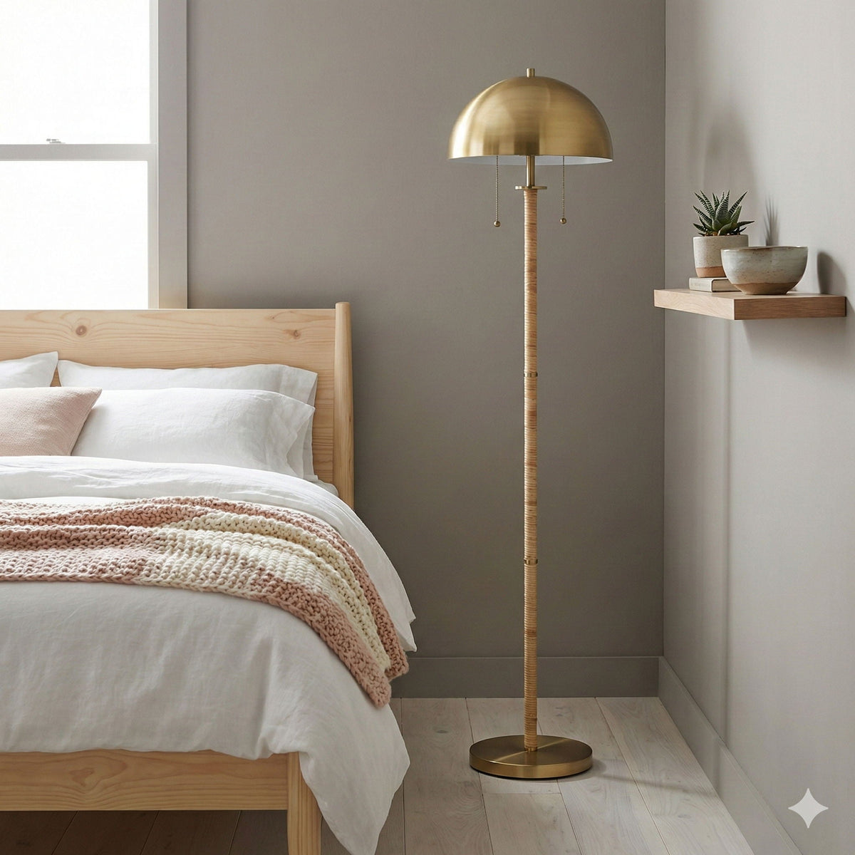 Allure - 2 Light Floor Lamp, Gold, Natural Tube, Double On / Off Pull Chain - Gold / Rattan