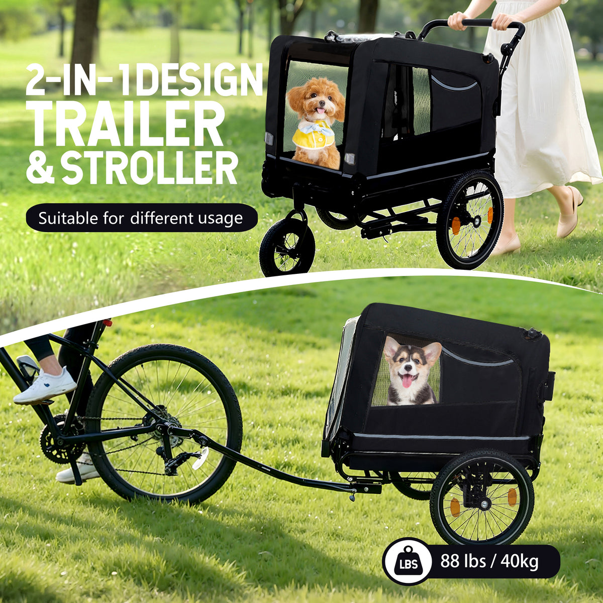 Extra Large 2-in-1 Bike Trailer & Push Cart for Pets