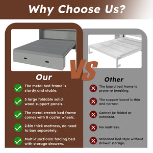 Full Murphy Bed With Storage Drawers, Charging Station, Foldable Panels, And Silent Swivel Wheels