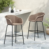Ladd Outdoor Metal Wicker Barstool, Light Brown Faux Wicker, Set of 2