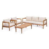 4 Piece Acacia Wood Patio Furniture Set with Soft Cushions